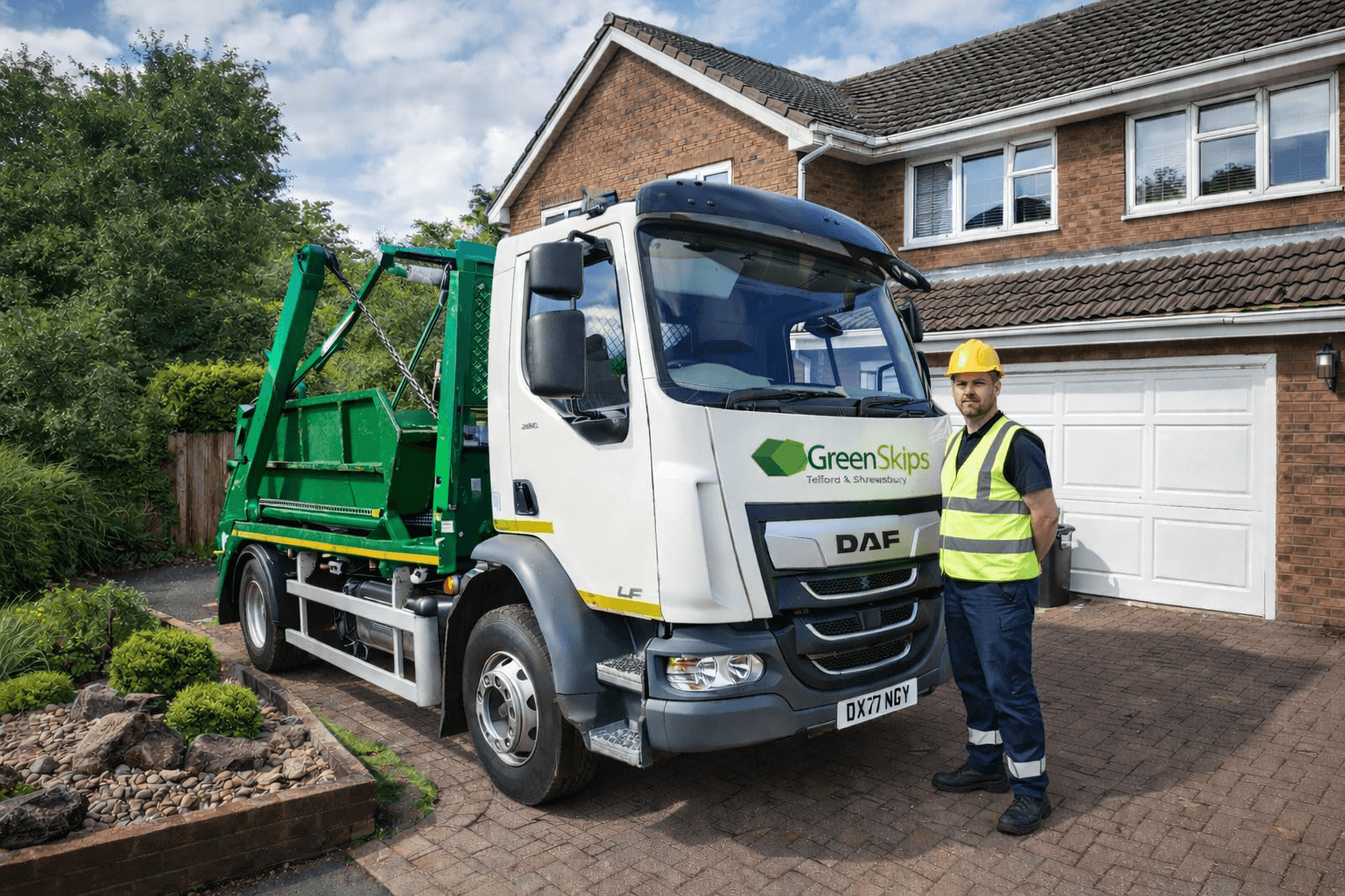 Green Skip Hire delivery truck in Telford